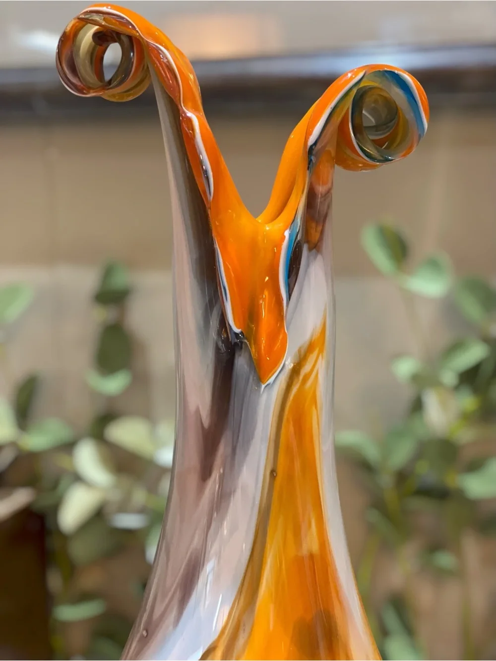 Vintage Murino Large 15” Hand Blown Art Glass Vase Fantastic Curled Rim Orange